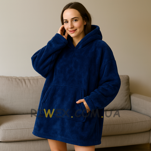 Толстовка плед с капюшоном HUGGLE HOODIE BLANKET большое теплое худи для дома синего цвета (212)