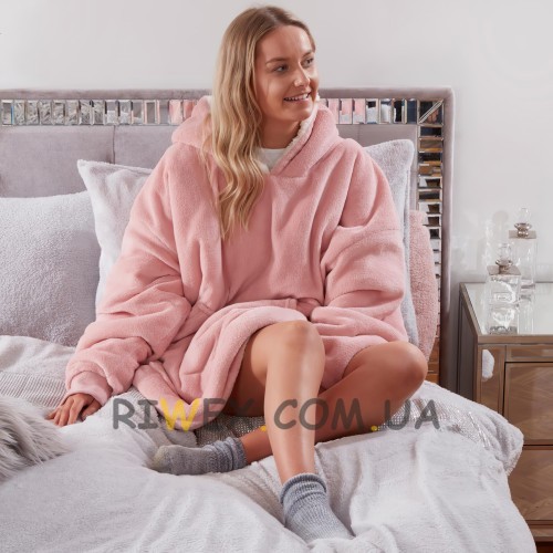 Толстовка плед с капюшоном HUGGLE HOODIE BLANKET большое теплое худи для дома светло-розового цвета (212)