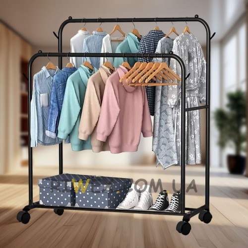 Подвійна стійка для одягу Double Pole Hanger 608 вішалка, рейл із полицею для взуття чорного кольору (212)