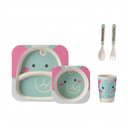 Детский набор бамбуковой посуды 5 предметов (ложка, вилка, тарелка, миска, стакан) "Слонёнок"