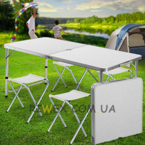 Туристичний розкладний стіл для пікніка з 4 стільцями, складається в валізу Білий