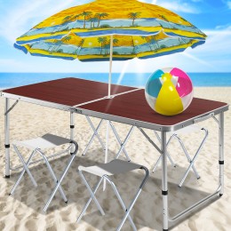 Туристичний розкладний стіл для пікніка з 4 стільцями та парасолею 1,6 метра, складається в валізу коричневого кольору