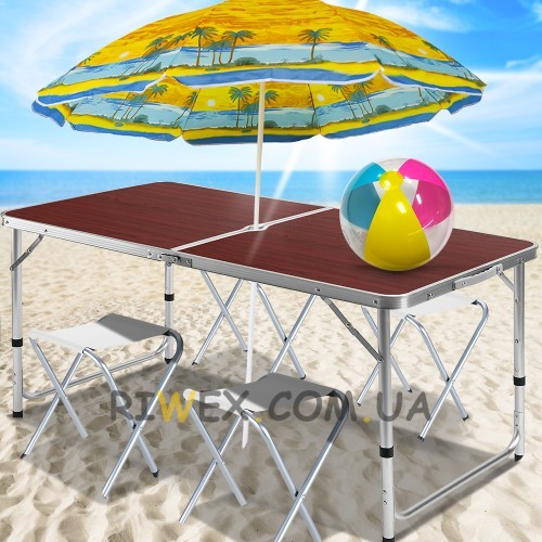 Туристичний розкладний стіл для пікніка з 4 стільцями та парасолею 1,6 метра, складається в валізу коричневого кольору