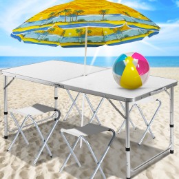 Туристичний розкладний стіл для пікніка з 4 стільцями та парасолею 2 метра, складається в валізу білого кольору