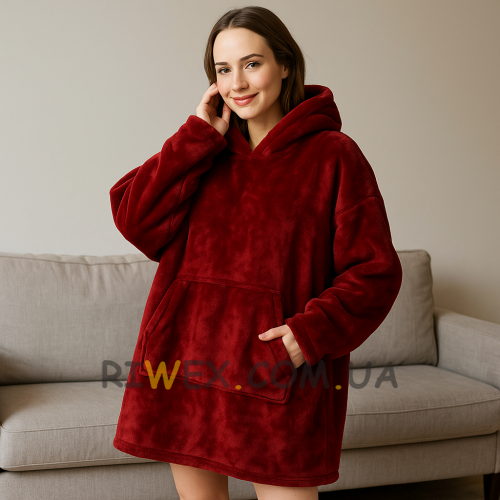 Толстовка плед с капюшоном HUGGLE HOODIE BLANKET большое теплое худи для дома Красный