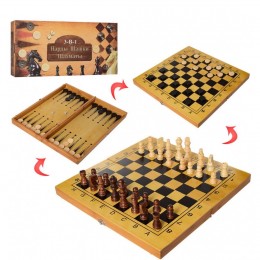 Набір розвиваючих настільних ігор 3в1 шахи, шашки, нарди в бамбуковій коробці (IGR24)
