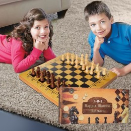 Набір розвиваючих настільних ігор 3в1 шахи, шашки, нарди в бамбуковій коробці (IGR24)