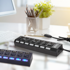 Перехідник Хаб USB 2.0 на 7 портів з перемикачами на кожен порт та підсвічуванням, Чорний