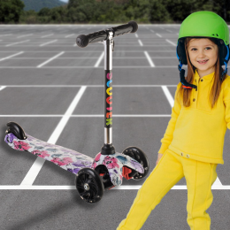 Детский 3-колесный самокат Scooter Graffiti 906, светящиеся колеса, Цветочки