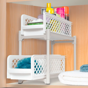Бытовой пластиковый органайзер с двумя выдвижными полками (белый цвет) Portable 2 Tier Basket Drawers (509)