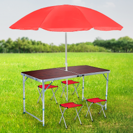 Розкладний стіл валіза з 4 стільцями та парасолькою посилений туристичний (коричневий колір)