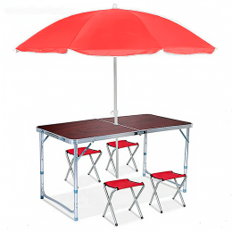 Розкладний стіл валіза з 4 стільцями та парасолькою посилений туристичний (коричневий колір)