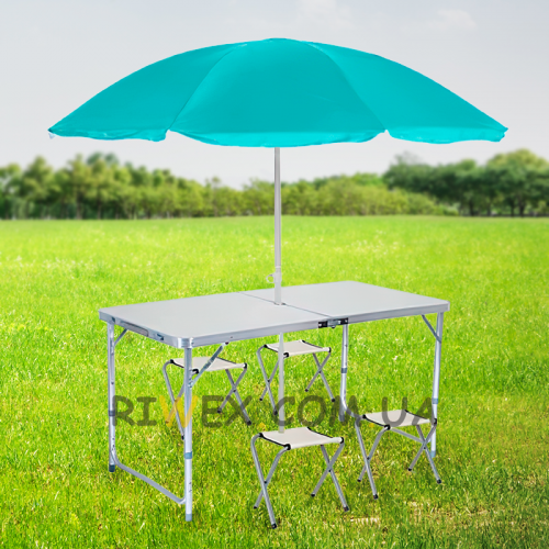 Розкладний стіл валіза з 4 стільцями та парасолькою посилений туристичний Білий (парасоля асортимент)