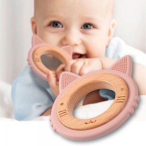 Прорізувач для зубів з бука та силікону BabyOno 1076/02 Кошеня, Рожевий (SB)