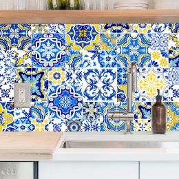 Гумова плівка для кухонних поверхонь східний орнамент, жовто-синій колір 60х200 см (626)