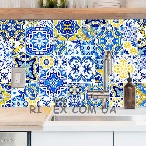 Гумова плівка для кухонних поверхонь східний орнамент, жовто-синій колір 60х300 см (626)