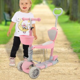 Детский самокат 18-3 с родительской ручкой и светящимися колесами 5в1, Розовый