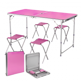 Туристичний розкладний стіл для пікніка з 4 стільцями, складається в валізу Рожевий