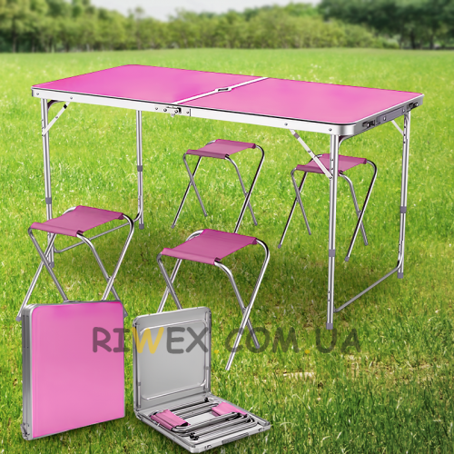 Туристический раскладной стол для пикника с 4 стульями, складывается в чемодан Розовый