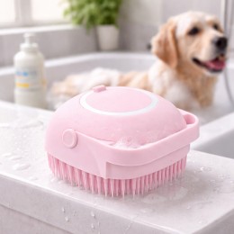 Силіконова щітка для тварин з резервуаром для шампуню 80 мл масажна щітка для купання собак і котів, Рожевий