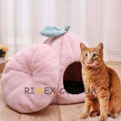 Кошачий мягкий домик лежанка в виде тыквы кроватка 50х50 см Розовый (626)