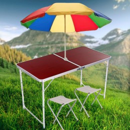 Складаний стіл для кемпінгу в валізці з 2 стільцями та пляжним зонтом 1,6 м, Коричневий