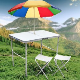 Складной стол для кемпинга в чемоданчике с 2 стульями и пляжным зонтом 1,6 м, Белый