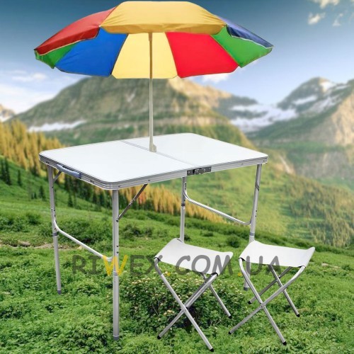 Складаний стіл для кемпінгу в валізці з 2 стільцями та пляжним зонтом 1,6 м, Білий