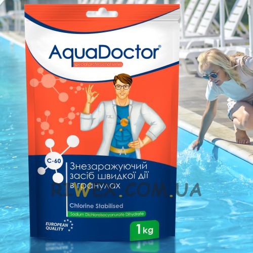 Быстро растворимый сильнодействующий дезинфицирующий препарат для бассейна AquaDoctor C-60 1 кг