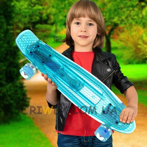 Пенниборд-скейт со ветящейся декой, колёса PU - светятся, Синий