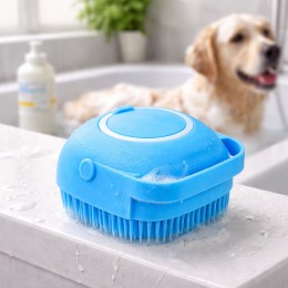 Силіконова щітка для тварин з резервуаром для шампуню 80 мл масажна щітка для купання собак і котів, Блакитний