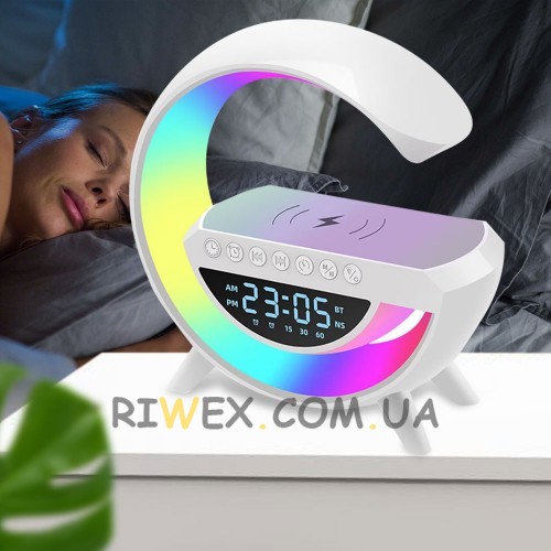 Настольная лампа, ночник KP-3401 RGB 4-in-1 Rainbow с беспроводной зарядкой, bluetooth колонкой и часами (626)