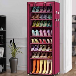 Каркасный складной тканевый шкаф для одежды и обуви с пылезащитой на 30 пар обуви 9 полочек Shoe Cabinet Shoe Rack HY8806-10 Бордовый (NM-4)