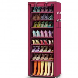 Каркасный складной тканевый шкаф для одежды и обуви с пылезащитой на 30 пар обуви 9 полочек Shoe Cabinet Shoe Rack HY8806-10 Бордовый (NM-4)