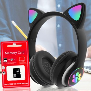 Беспроводные bluetooth наушники Кошачьи ушки VZV-23M светящиеся + карта памяти на 16 Гб,Черные