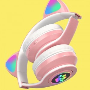 Бездротові bluetooth навушники VZV-23M Котячі вушка світяться + карта пам'яті на 32 Гб, Рожеві