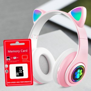 Бездротові bluetooth навушники VZV-23M Котячі вушка світяться + карта пам'яті на 32 Гб, Рожеві