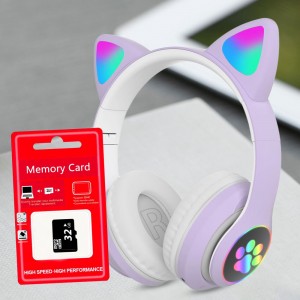 Беспроводные bluetooth наушники VZV-23M Кошачьи ушки светящиеся + карта памяти на 32 Гб, Фиолетовые
