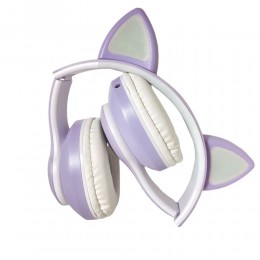 Бездротові bluetooth навушники STN-28 Котячі вушка світяться + карта пам'яті на 64 Гб, Фіолетові