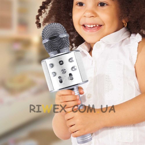 Беспроводной Bluetooth Караоке-микрофон WS-858, Bluetooth USB, AUX FM, Серебрянный (HA-50)