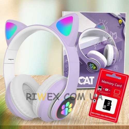 Бездротові навушники Cat STN-28, що світяться з котячими вушками + карта пам'яті 16 GB, Фіолетовий