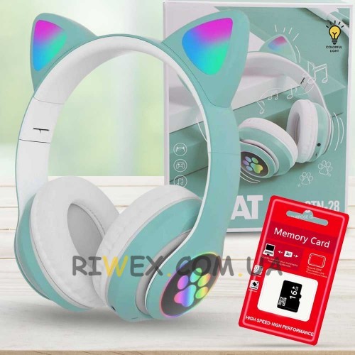 Бездротові навушники Cat STN-28, що світяться з котячими вушками + карта пам'яті 16 GB, Бірюзовий