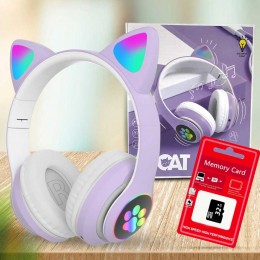Бездротові навушники Cat STN-28, що світяться з котячими вушками + карта пам'яті 32 GB, Фіолетовий