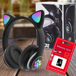 Беспроводные наушники Cat STN-28 светящиеся с кошачьими ушками + карта памяти 32 GB, Черный