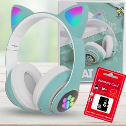 Бездротові навушники Cat STN-28, що світяться з котячими вушками + карта пам'яті 64 GB, Бірюзовий