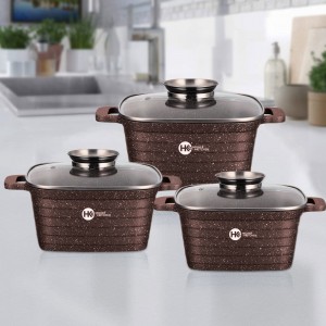 Набор кастрюль с гранитным антипригарным покрытием Higher Kitchen HK-301 ребристые с крышками, Коричневый (575)