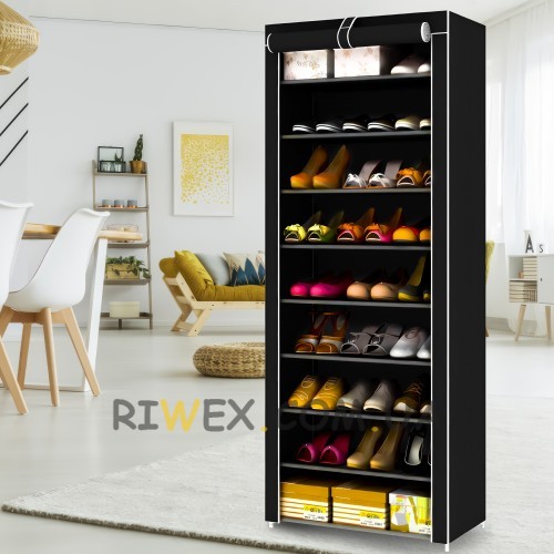 Каркасный складной тканевый шкаф для одежды и обуви с пылезащитой на 30 пар обуви 9 полочек Shoe Cabinet Shoe Rack YQF-1190 Черный (NM-4)