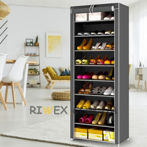 Каркасный складной тканевый шкаф для одежды и обуви с пылезащитой на 30 пар обуви 9 полочек Shoe Cabinet Shoe Rack YQF-1190 Серый (NM-4)