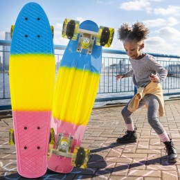 Скейт пенни борд с двухсторонним окрасом и светящимися колесами Penny Board Розовый-желтый-голубой