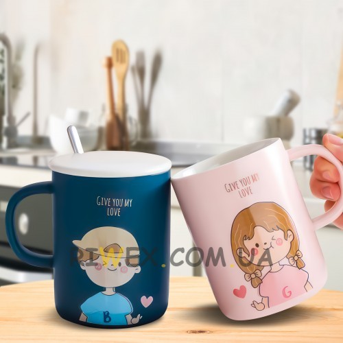 Подарочный набор из двух керамических чашек с рисунком 0222 Розовая, Синяя (WAN)